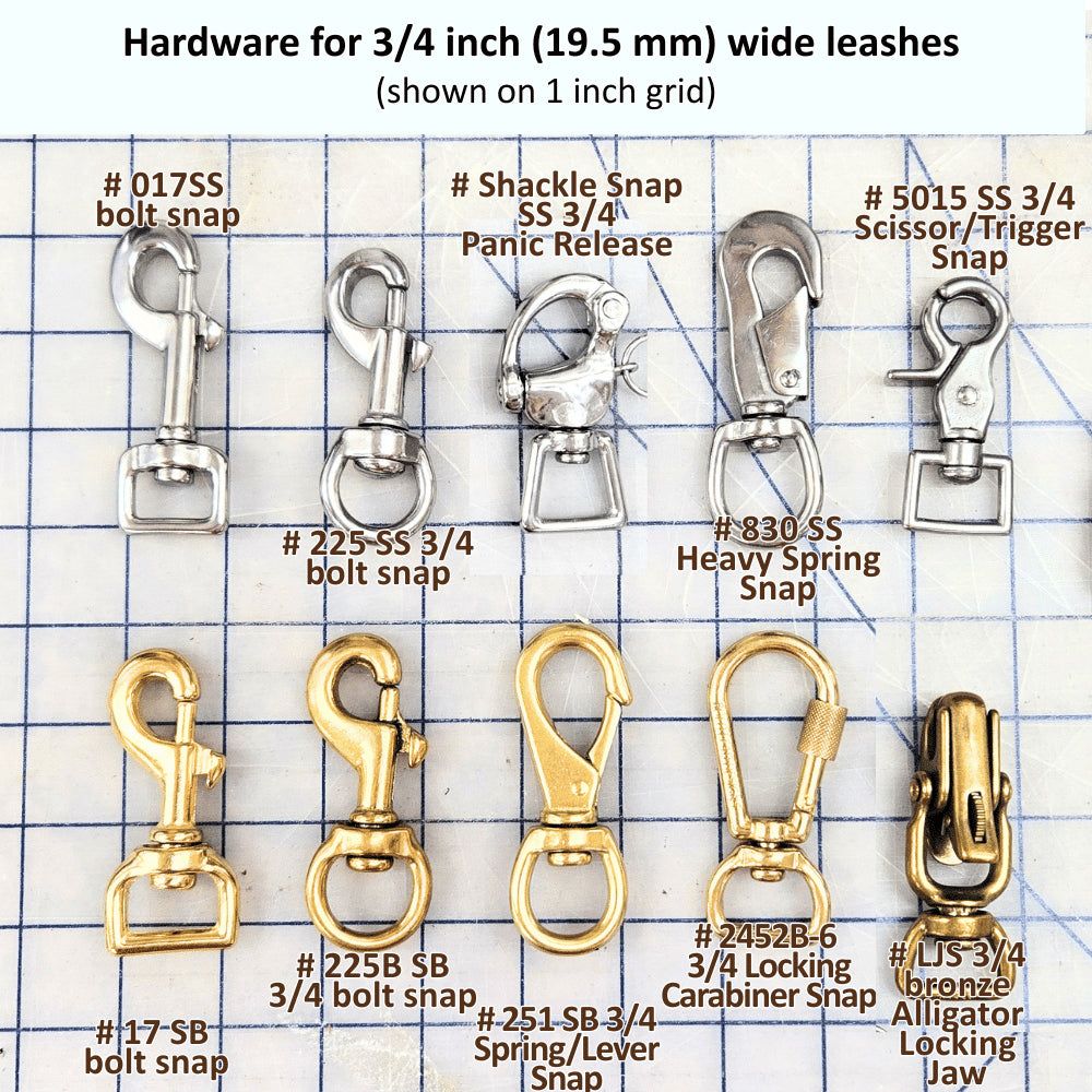 Collection of various leash hardware clips for three-quarter inch wide leashes on a grid background