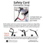 Safety Cord Connector  Strap with picture with description "Bld's safety cords are a smart accessory to keep your dog safe" and  "easy to attach" instructions with illustrations 
