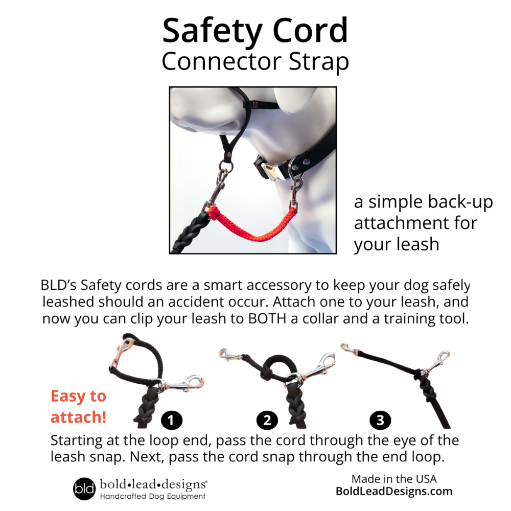 Safety Cord Connector  Strap with picture with description "Bld's safety cords are a smart accessory to keep your dog safe" and  "easy to attach" instructions with illustrations 