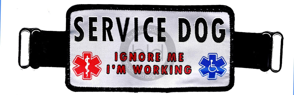 banner badge "service dog ignore me I'm working" with small blue and small red caduceus