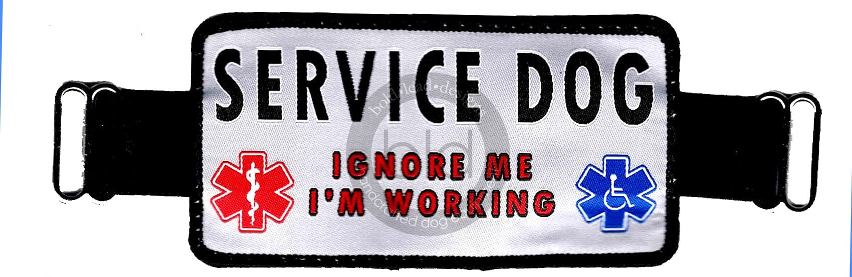 banner badge "service dog ignore me I'm working" with small blue and small red caduceus