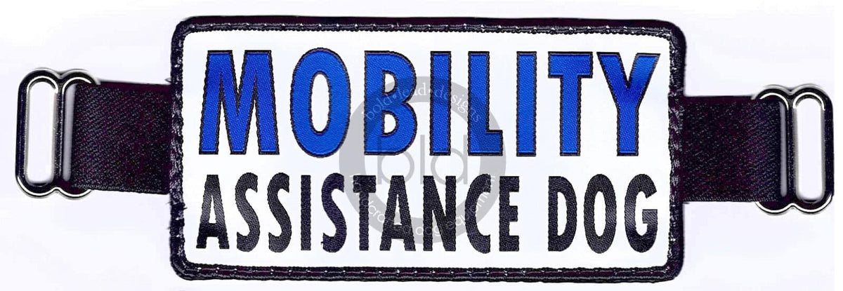 banner badge with 'MOBILITY ASSISTANCE DOG' text on a white background