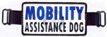 banner badge with 'MOBILITY ASSISTANCE DOG' text on a white background