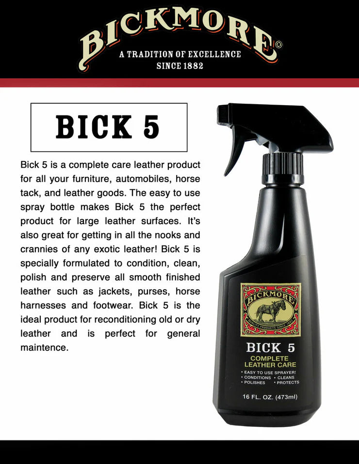 Bickmore Bick 5 leather care product with text on a black background