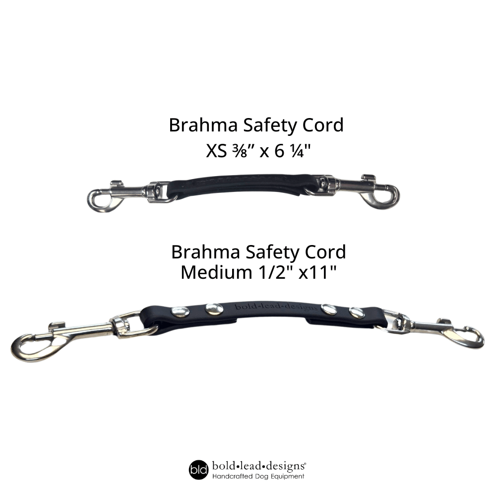 Two Brahma safety cords with measurements and brand name on a white background