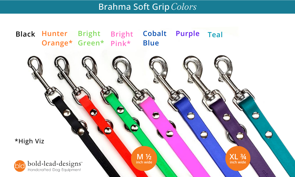 Brahma soft grip dog leashes in various colors with size indicators and Bold Lead Designs logo