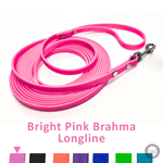 Bright pink Brahma Longline leash on a white background with color swatches below.