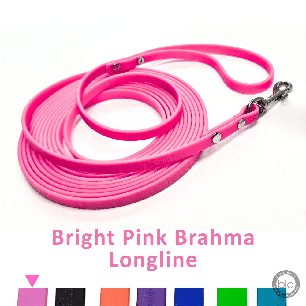 Bright pink Brahma Longline leash on a white background with color swatches below.