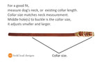 Brown leather collar with gold buckle with text: for a good fit, measure dog's neck, or existing collar length. Collar size matches neck measurement. 