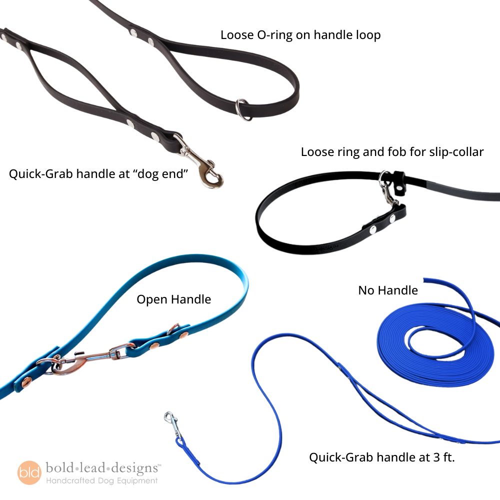 Dog leashes with various features labeled on a white background