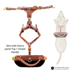EWH laying flat on a white surface shows skirt with Velcro top and simple handle options. Diagram of a dog with harness on viewed from above for reference.