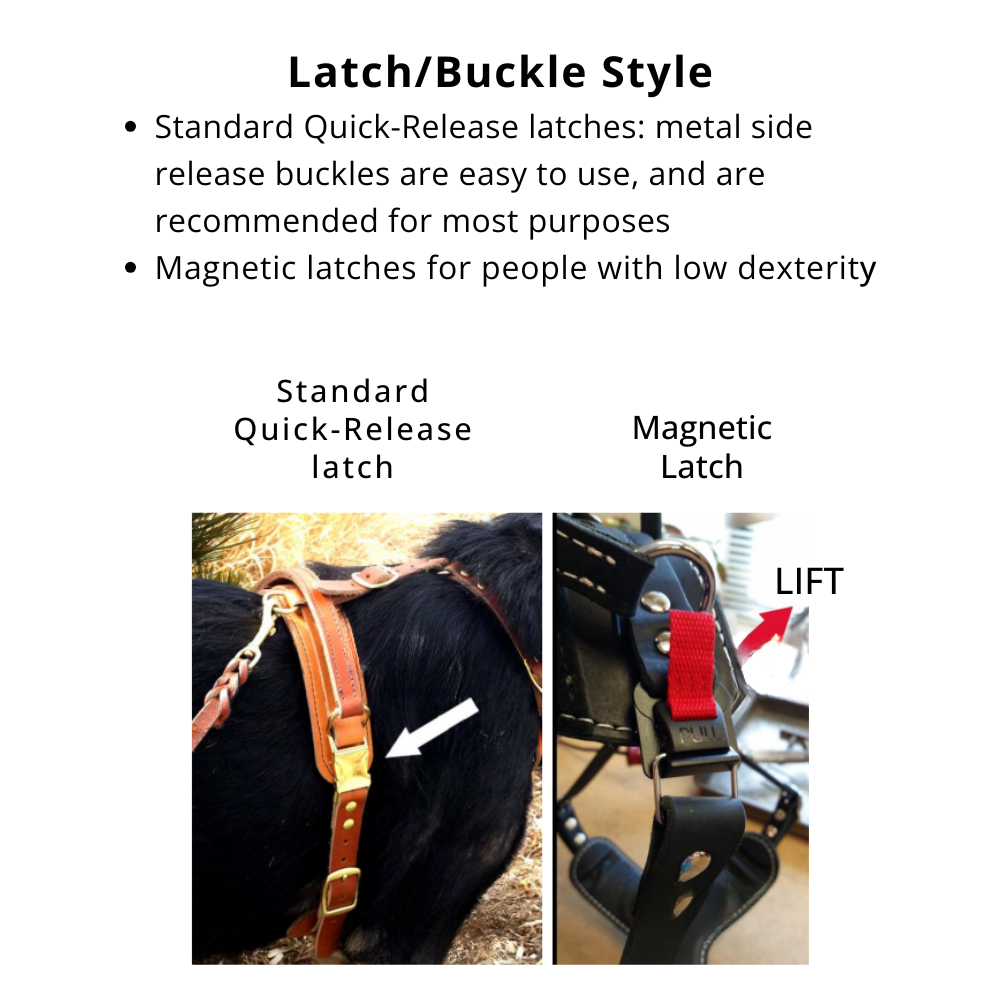 EWH Latch/Buckle style showing closeups of the girth latch options