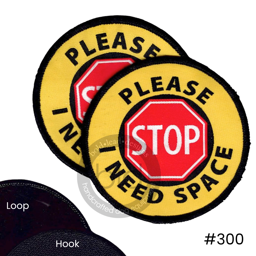 Two patches with 'Please Stop I Need Space' text in a yellow circle around a red stop sign on a white background.