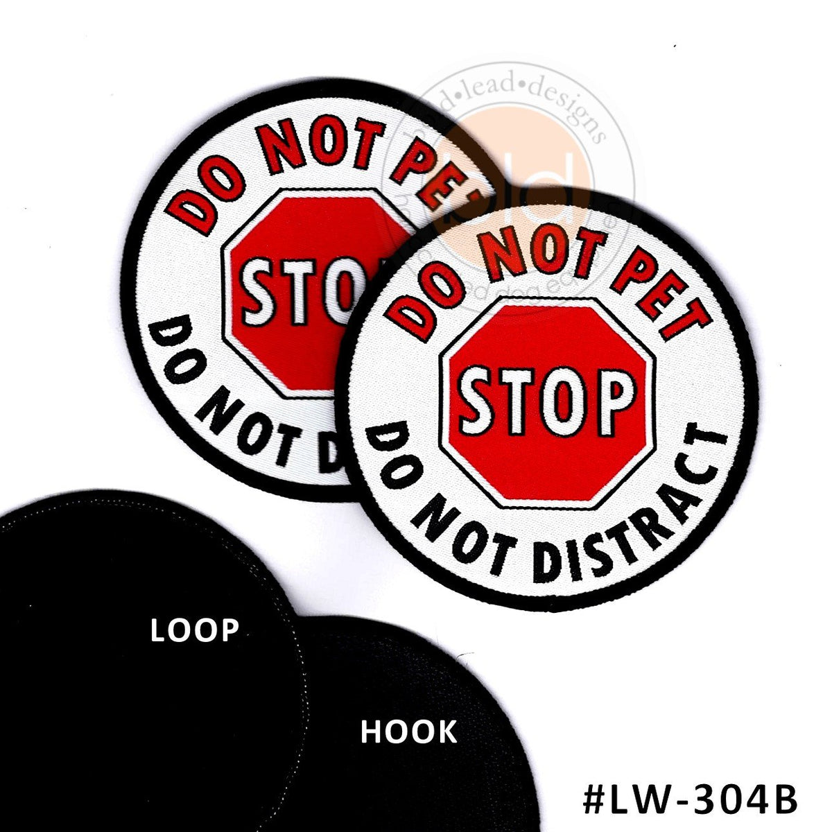 Two 'Do Not Pet Stop' leash wraps with loop and hook options on a white background.