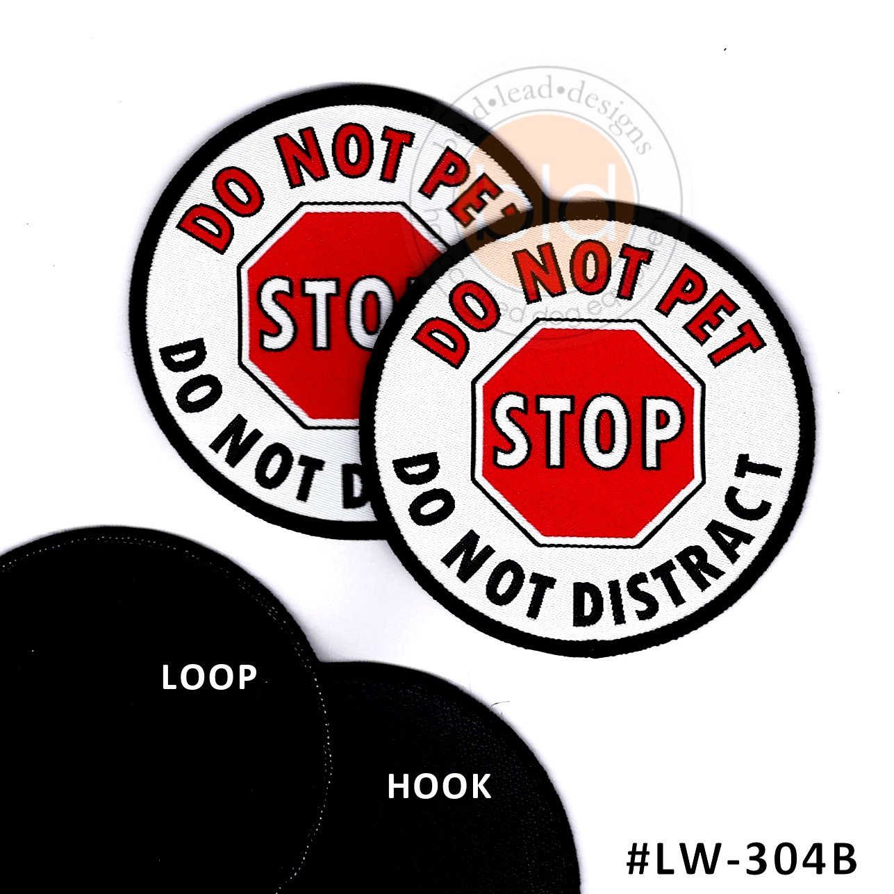 Two 'Do Not Pet Stop' leash wraps with loop and hook options on a white background.
