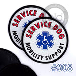 Service Dog Mobility Support patches with a blue star of life symbol  leash wraps with loop and hook options on a white background.