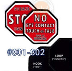 Two red stop signs with text  leash wraps with loop and hook options on a white background.