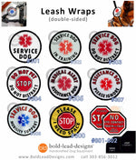 Collection of service dog leash wrap designs with various symbols and text on a white background.