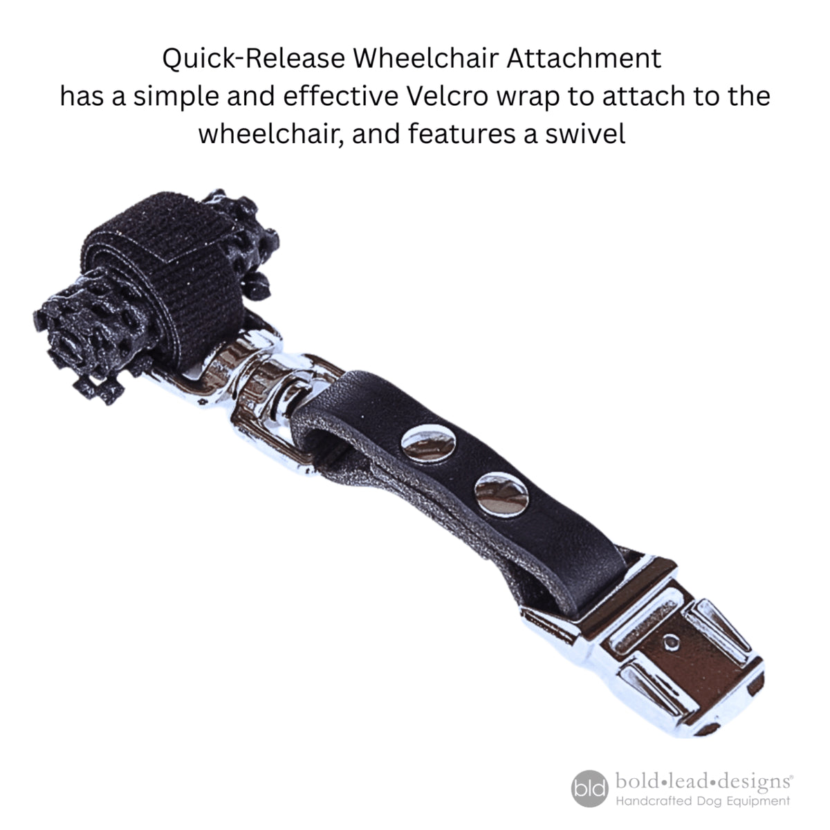 Quick-release wheelchair attachment with Velcro wrap and swivel on a white background