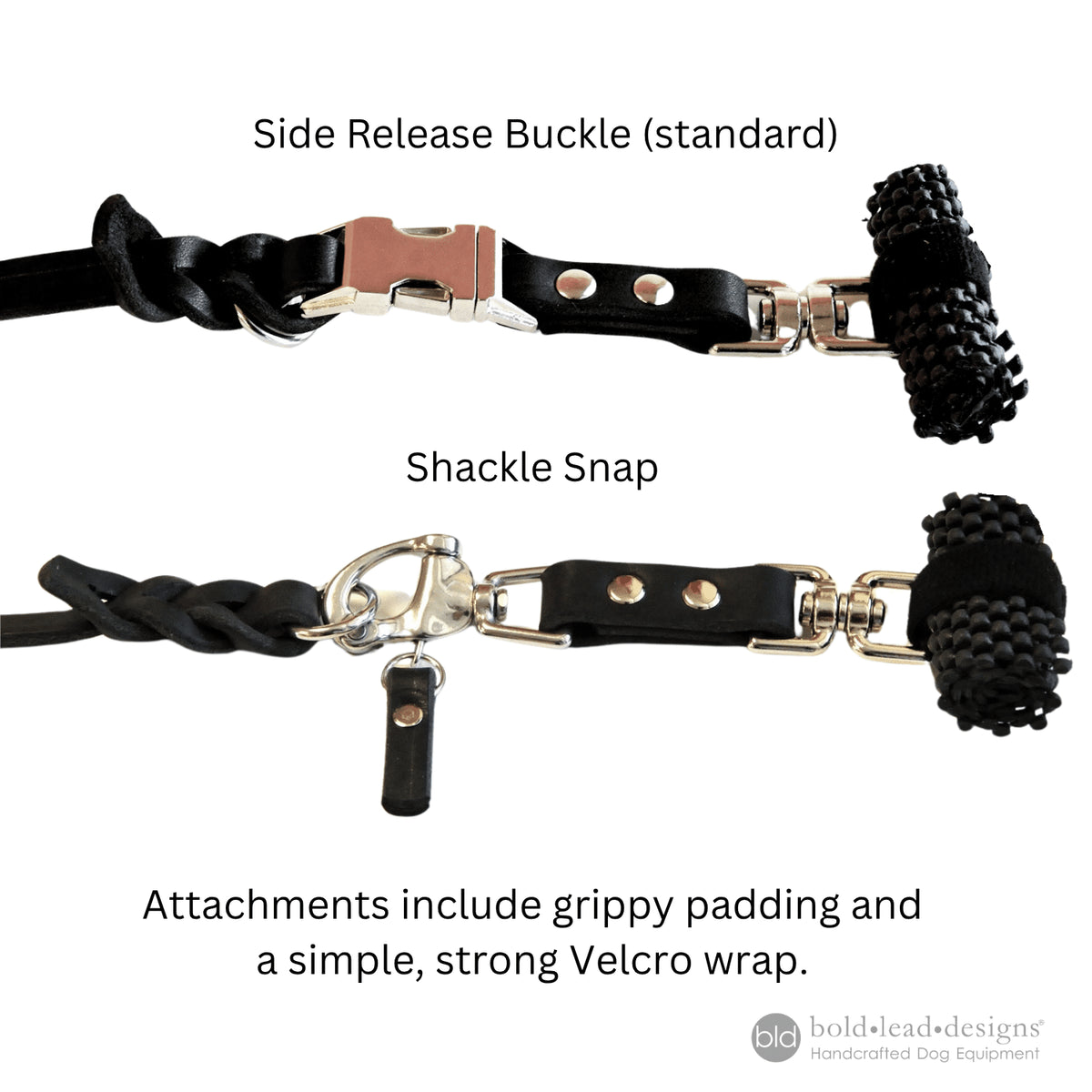 Two dog leashes with different attachments labeled on a white background.