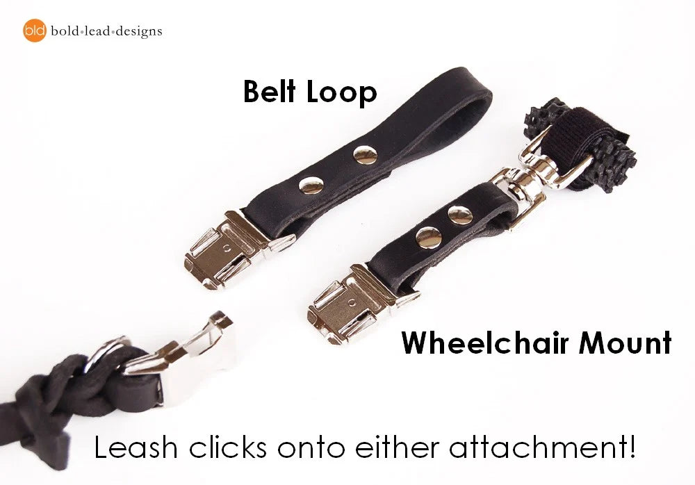 Leash with belt loop and wheelchair mount attachment on a white background
