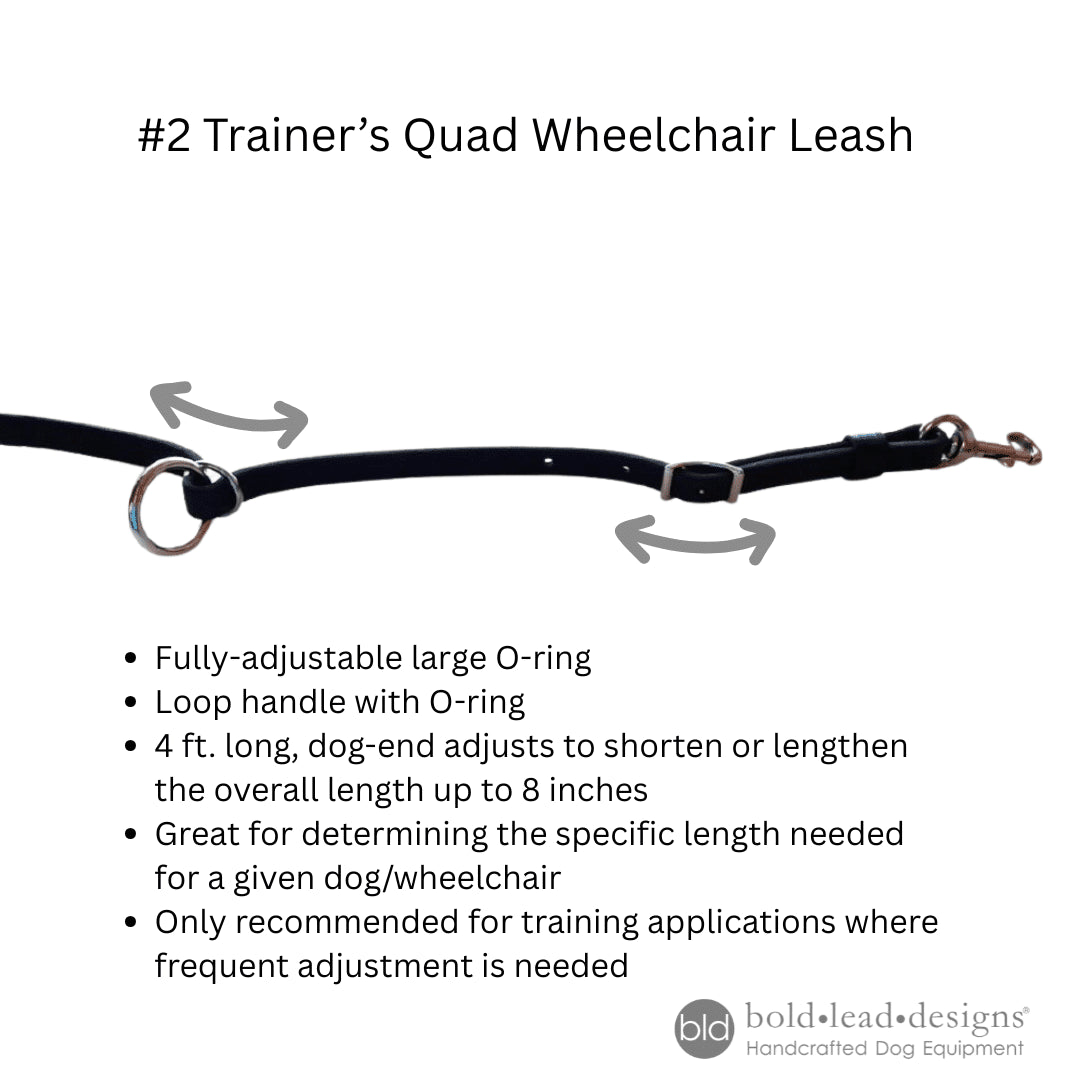 Trainer's Quad Wheelchair Leash with specifications on a white background