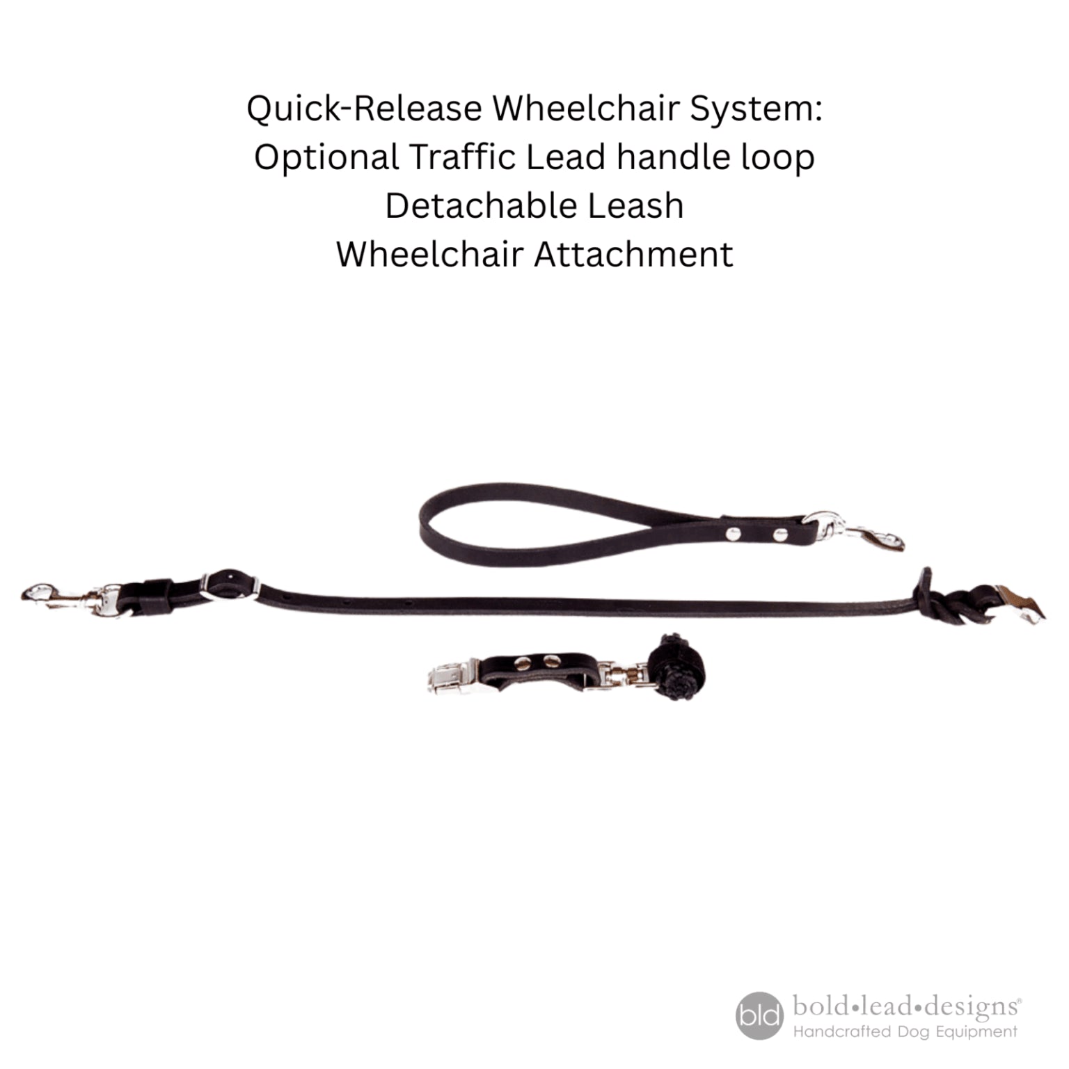 Quick-release wheelchair system with detachable leash on a white background