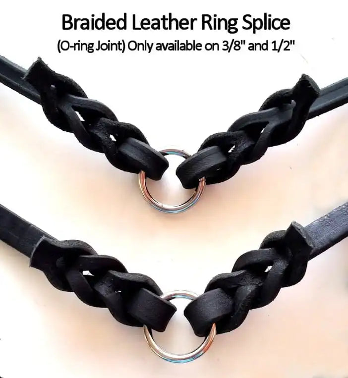 Braided leather ring splice with O-ring joint on a white background