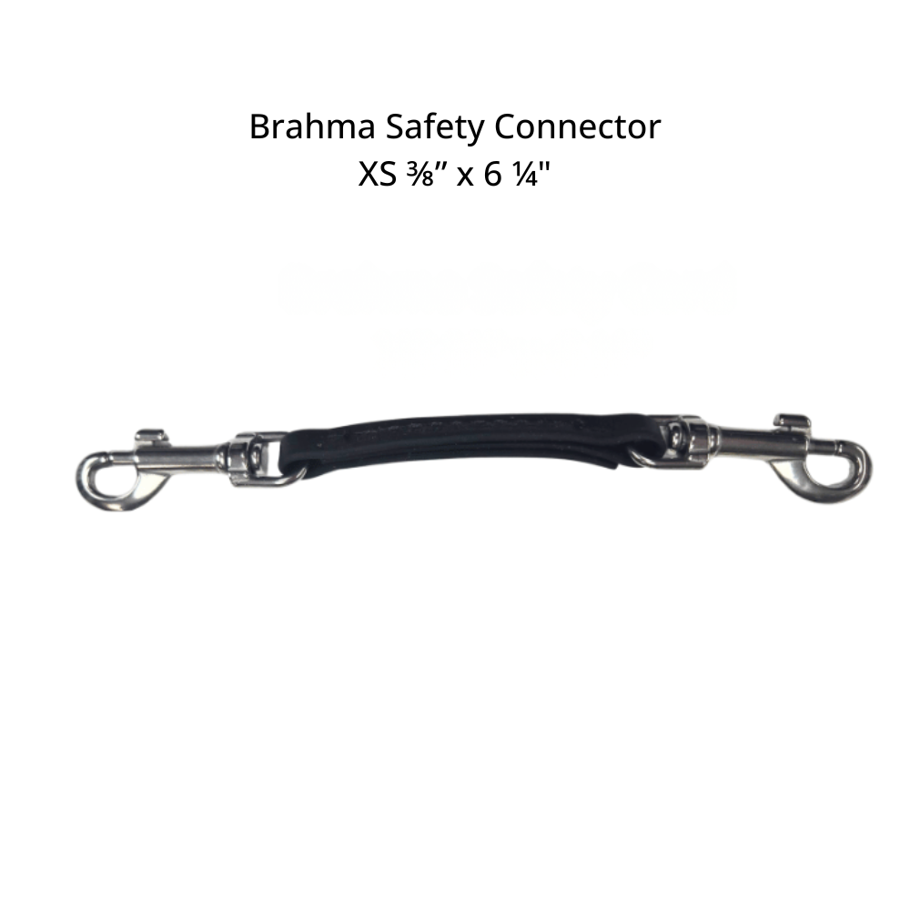 Black Brahma Safety Connector with stainless steel clasps on a white background, labeled Brahma Safety Connector XS 3/8" x 6 1/4"  by Bold Lead Designs.