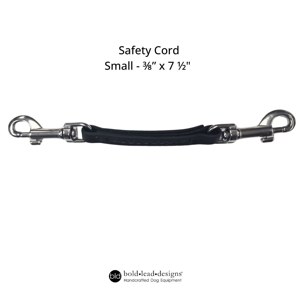 Black safety cord with metal clasps on a white background, labeled 'Safety Cord Small - 3/8" x 7 1/2"' by Bold Lead Designs.
