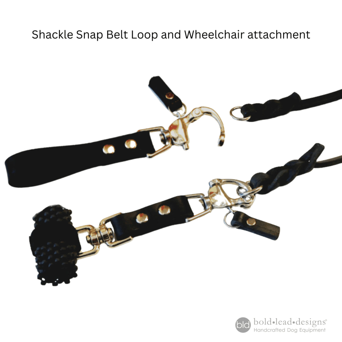 Shackle Snap Belt Loop and Wheelchair attachment on a white background