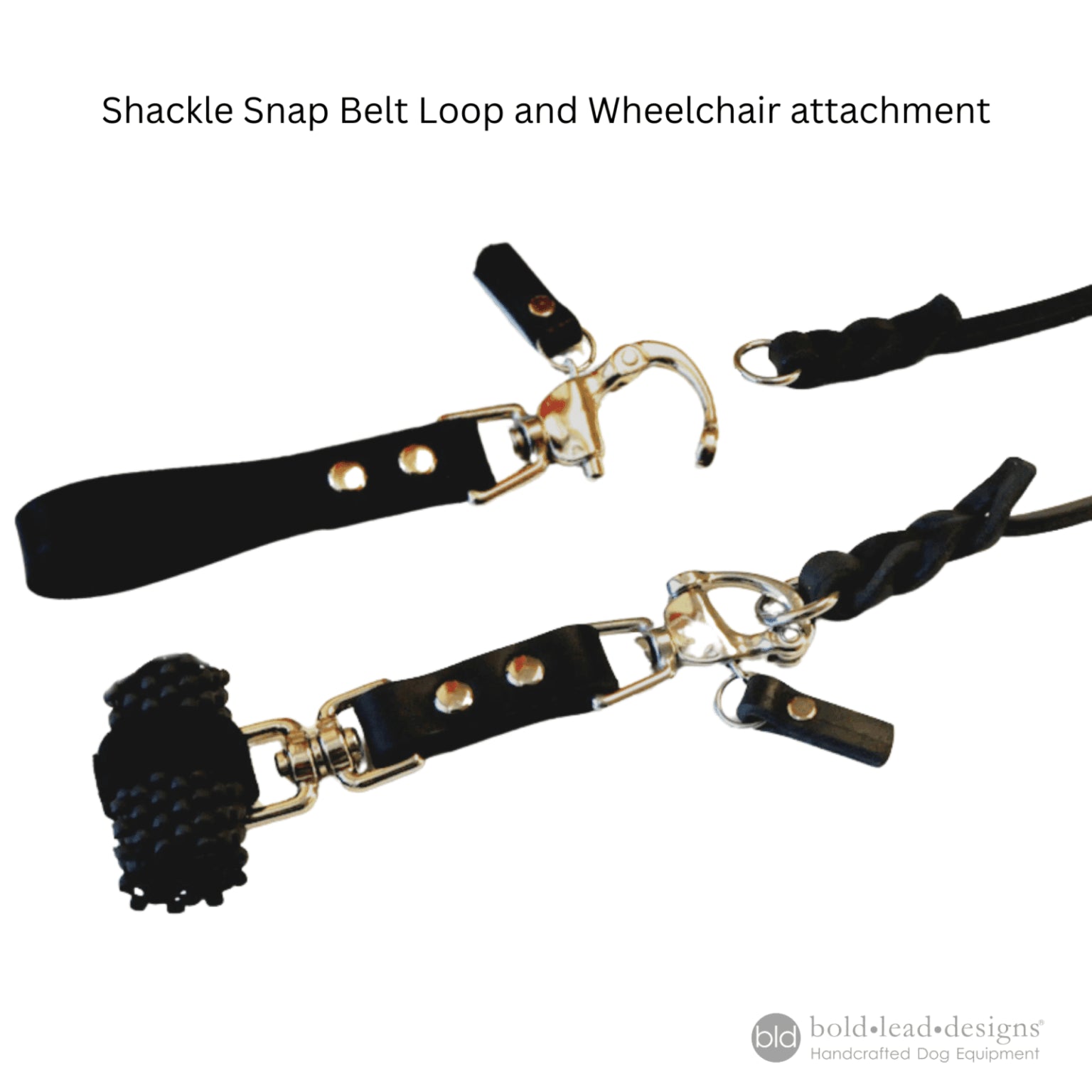 Shackle Snap Belt Loop and Wheelchair attachment on a white background