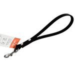 Black traffic lead dog leash with metal clip on a white background