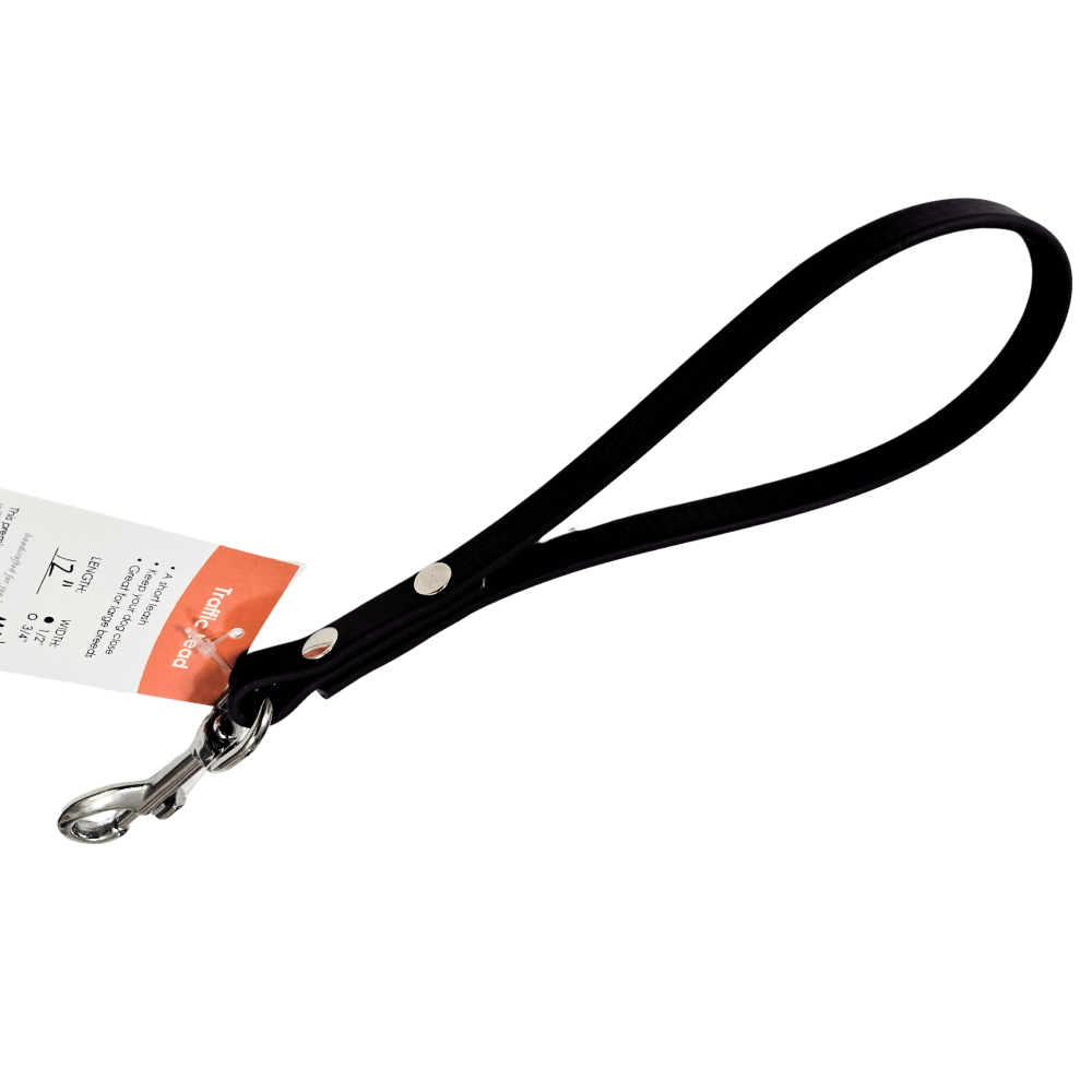 Black traffic lead dog leash with metal clip on a white background