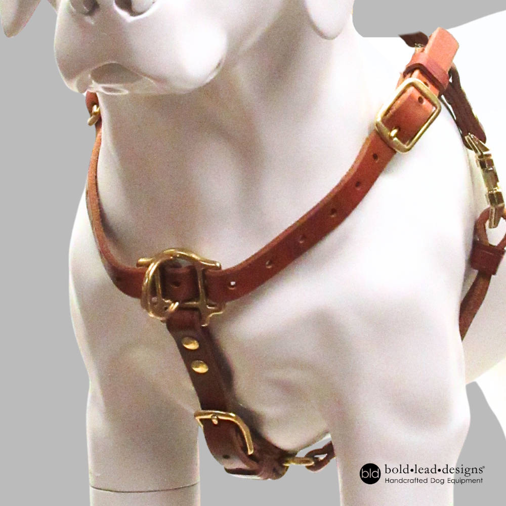Tan leather connected control dog harness with gold hardware on a mannequin against a gray background