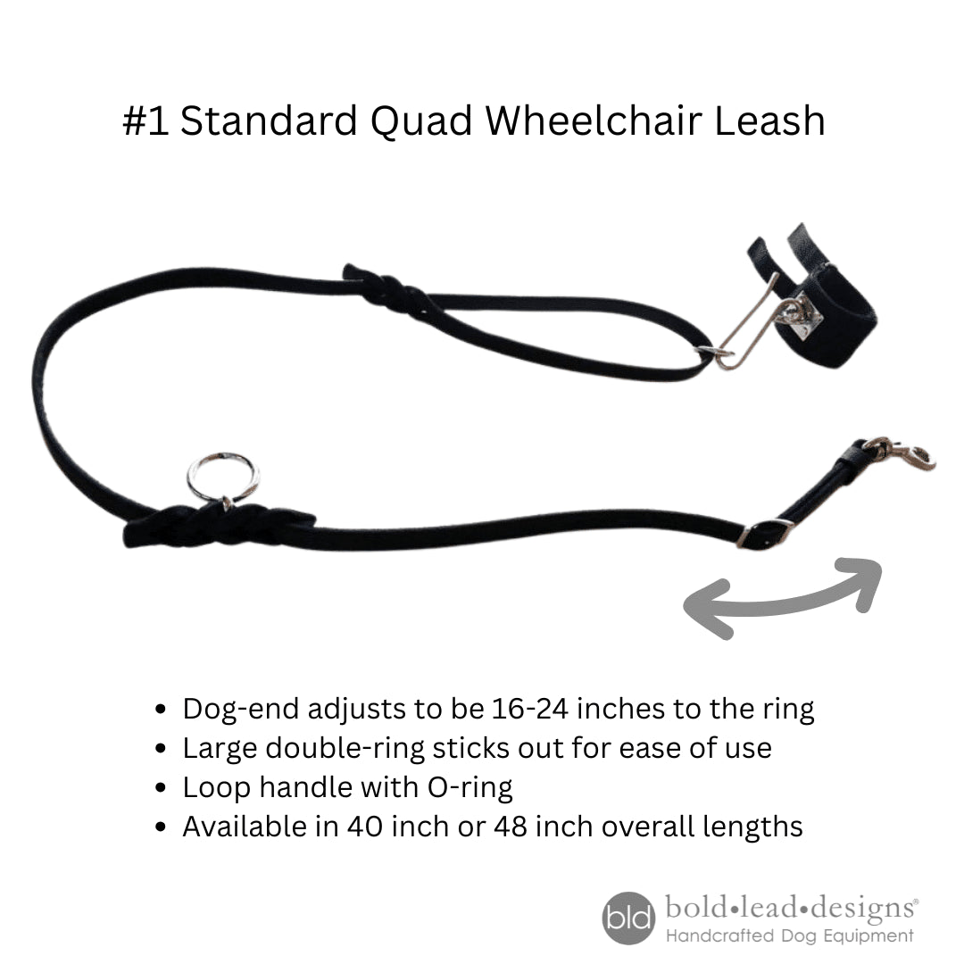 Standard quad wheelchair leash with adjustable dog-end and large double-ring on a white background.