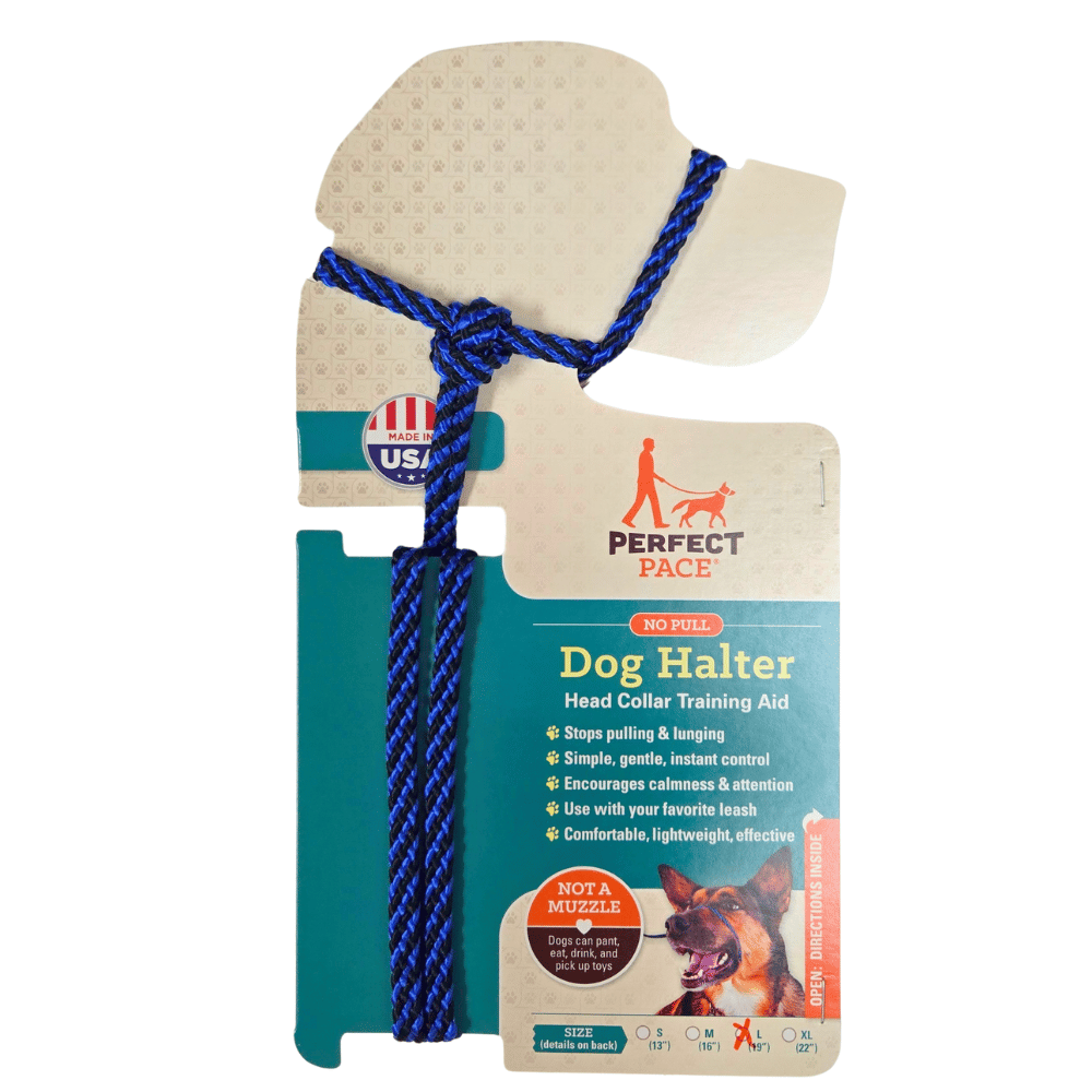 Dog halter with blue rope on packaging, featuring 'Perfect Pace' branding.