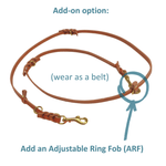 Tan leather leash with brass hardware showing belt feature with adjustable ring fob on a white background