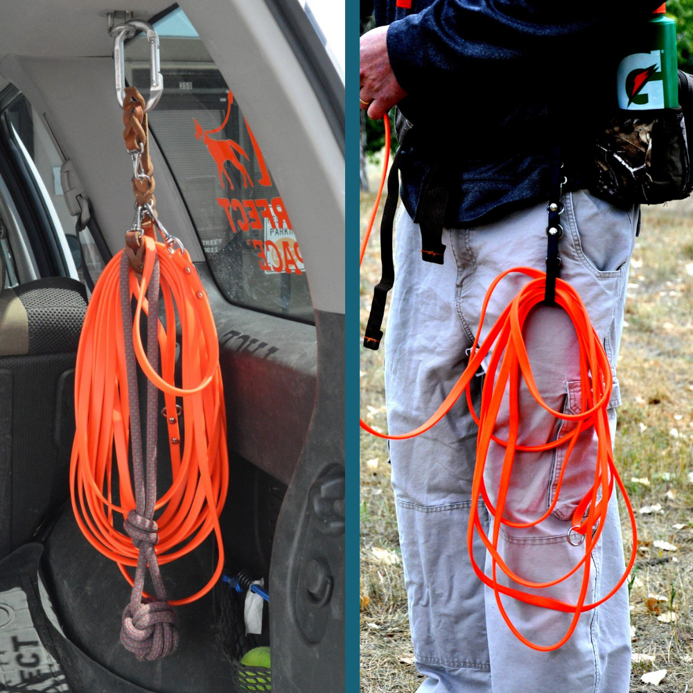 leash caddy holds an orange longline hanging from a car hook; and a person has the leash caddy on their belt holding an orange longline outdoors.