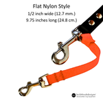 florescent range flat nylon style dog leash with brass hardware on a white background, featuring product dimensions.