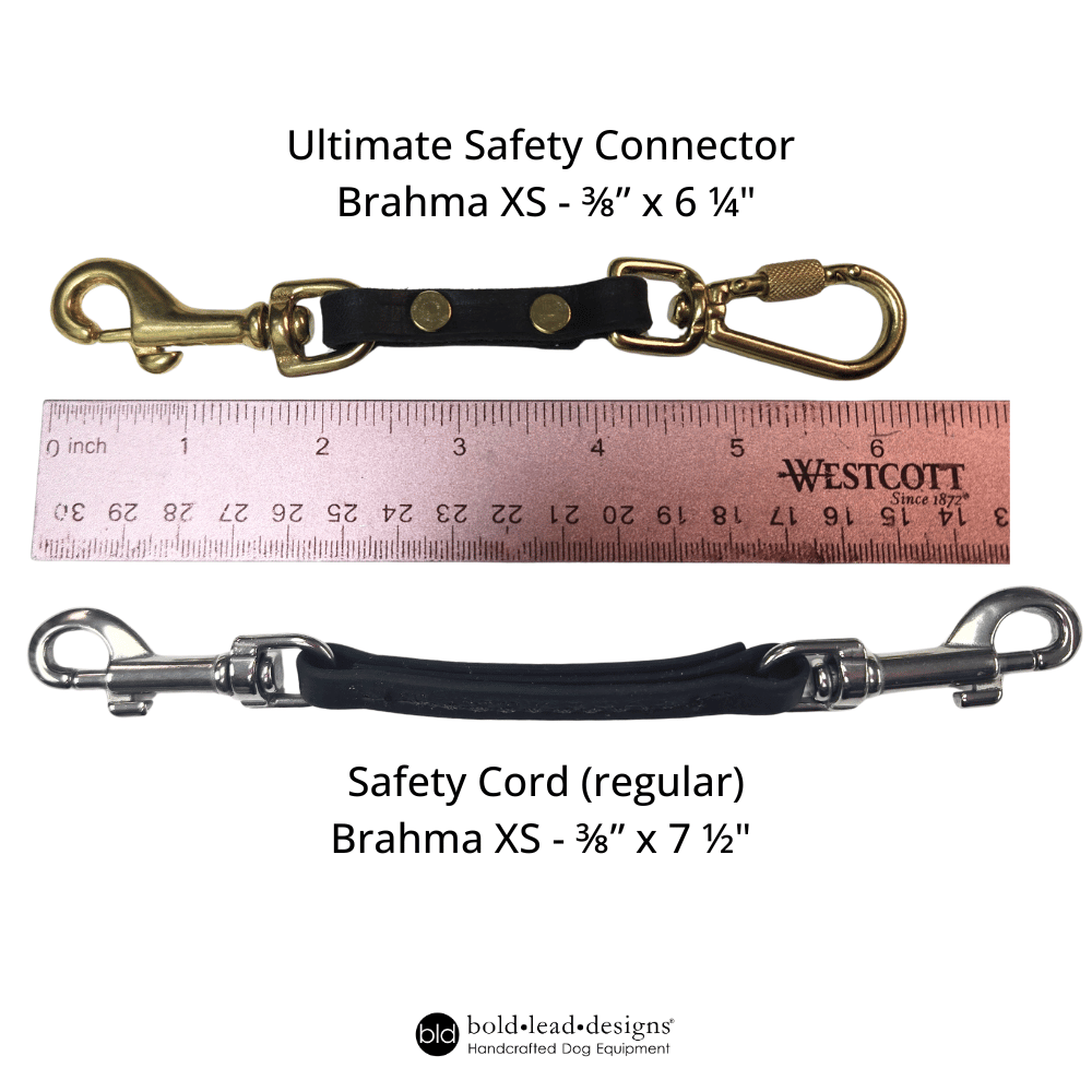 Two safety connectors with a ruler for scale on a white background, featuring 'bold lead designs' branding.