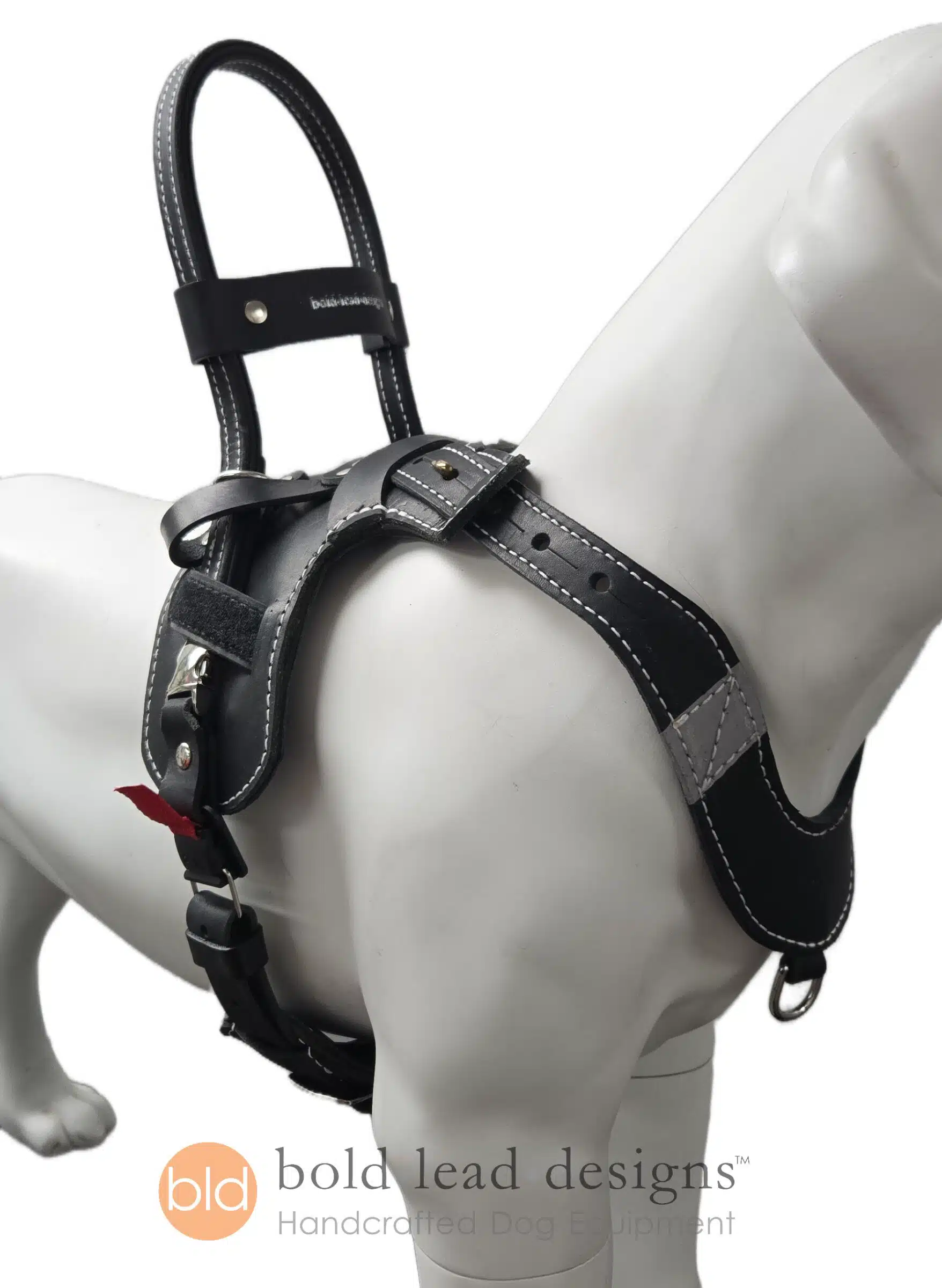 Lightweight Assistance Harness with a vertical handle and curved breast collar on a white dog mannequin